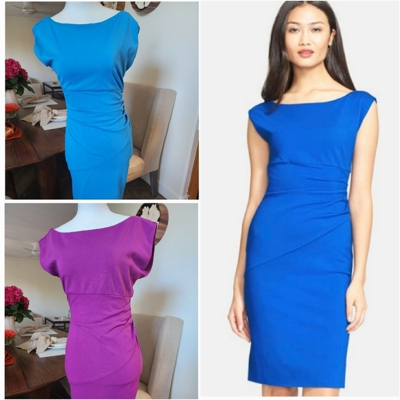 2 DVF Boat Neck Summer Office Work Cocktail Dress Size 6 Blue Purple Cap Sleeve - Picture 1 of 14